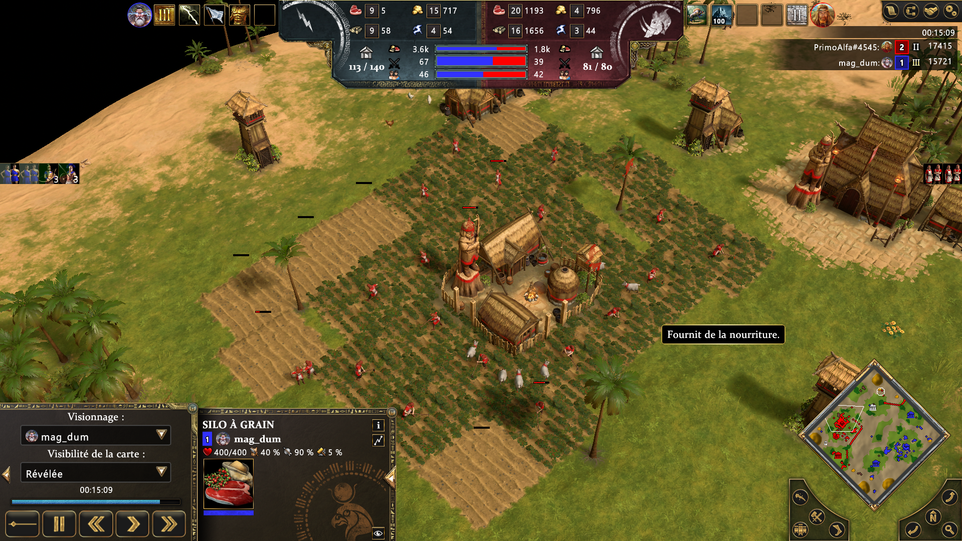 Sur cette image, je vous montre un batiment avec des villageois(e) de collecter de la nourriture dans les champs